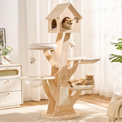 50" Modern Cat Tree for Indoor Cats Small to Medium, Solid Wood Cat Tower with Sisal Scratching Posts, Cat Scratcher Cardboard, Cozy Cat Beds & Hidden Cat Condo, Multi-Level Cat Furniture17