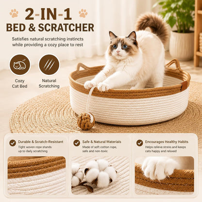 Handwoven Cat Basket Bed, Cotton Rope round Cat Scratcher Bed with Cats Ear Handles, Breathable Boho Nesting Pet Bed for Kittens and Indoor Cats (Color D,Small)3