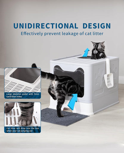 Medario Cat Litter Box with Litter Mat and Scoop, Large Covered Litter Box with Lid, Enclosed Kitty Box, Front Entry Top Exit, Odor Control, Easy to Clean (Grey)2
