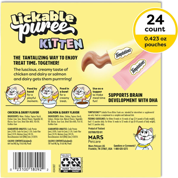 Temptations Lickable Puree Kitten Cat Treats, Chicken & Salmon, 24 Count | Chicken & Salmon, DHA Supports Brain Development, High Moisture for Hydration, under 15 Cal/Pouch, No Added Sugar or Fillers2