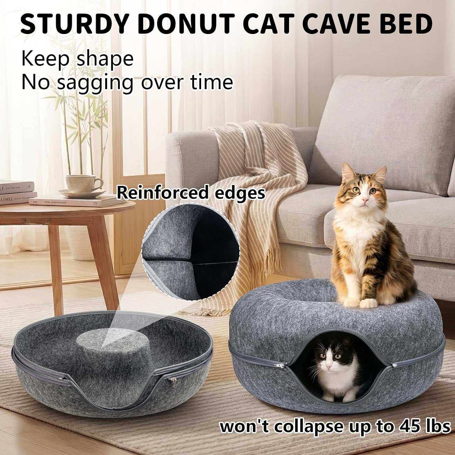 cat-tunnel-bed-for-heavy-big-cats-up-to-45-lbs-24-donut-cat-bed-for-multi-cat-home-premium-detachable-zipper-felt-anti-scratch-cat-cave-bed-roomy-non-collapsing-cat-hideaway-peekaboo-toy