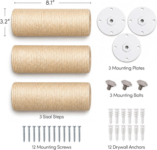 Xympo Wall-Mounted Cat Climbing Steps, Floating Sisal Scratching Posts, 8 Inch, 3 Pack, Easy Drywall Install8