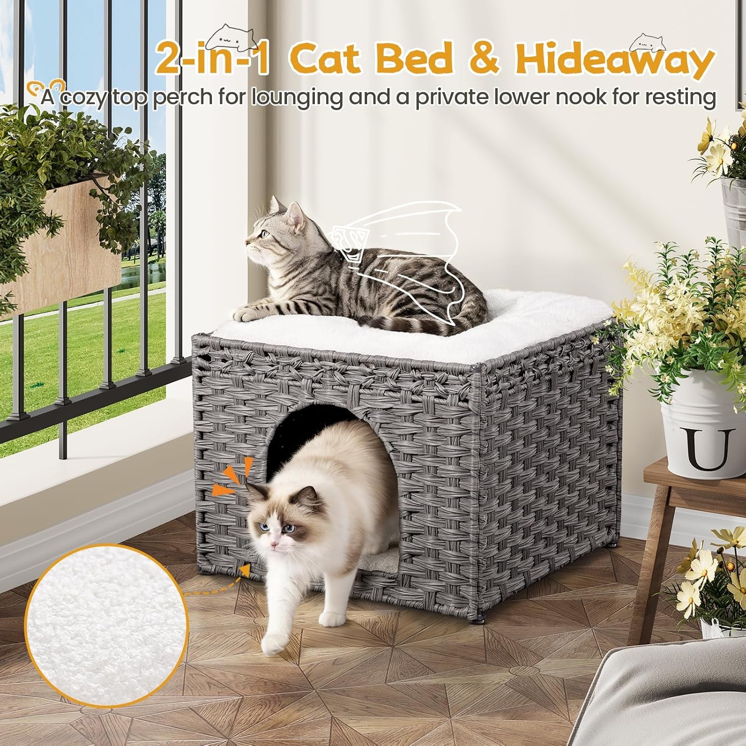 snughome-handwoven-rattan-cat-house-indoor-foldable-cat-bed-cave-with-2-removable-bed-mats-large-kitten-house-hideaway-pet-cube-16-54-x-16-54-x-12-6-inches-grey-for-living-room-bedroom
