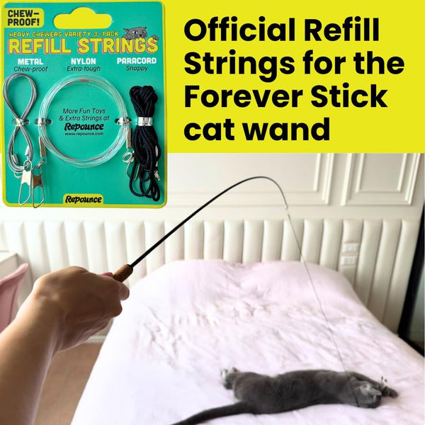 Cat Toy String Replacement 3-Pack - Chew Proof Metal Wire, Cat Wand String Replacement Variety Pack, Official Cat Toy Refill Strings for Forever Stick Cat Toy Wand, Transparent Fishing Line Nylon Cord6