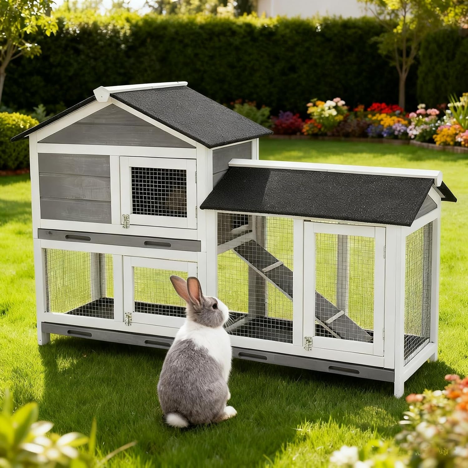 garvee-58-bunny-hutch-indoor-bunny-cage-with-3-removable-trays-wooden-waterproof-roof-rabbit-hutch-indoor-outdoor-2-tier-bunny-house-chicken-coop-gray-and-black