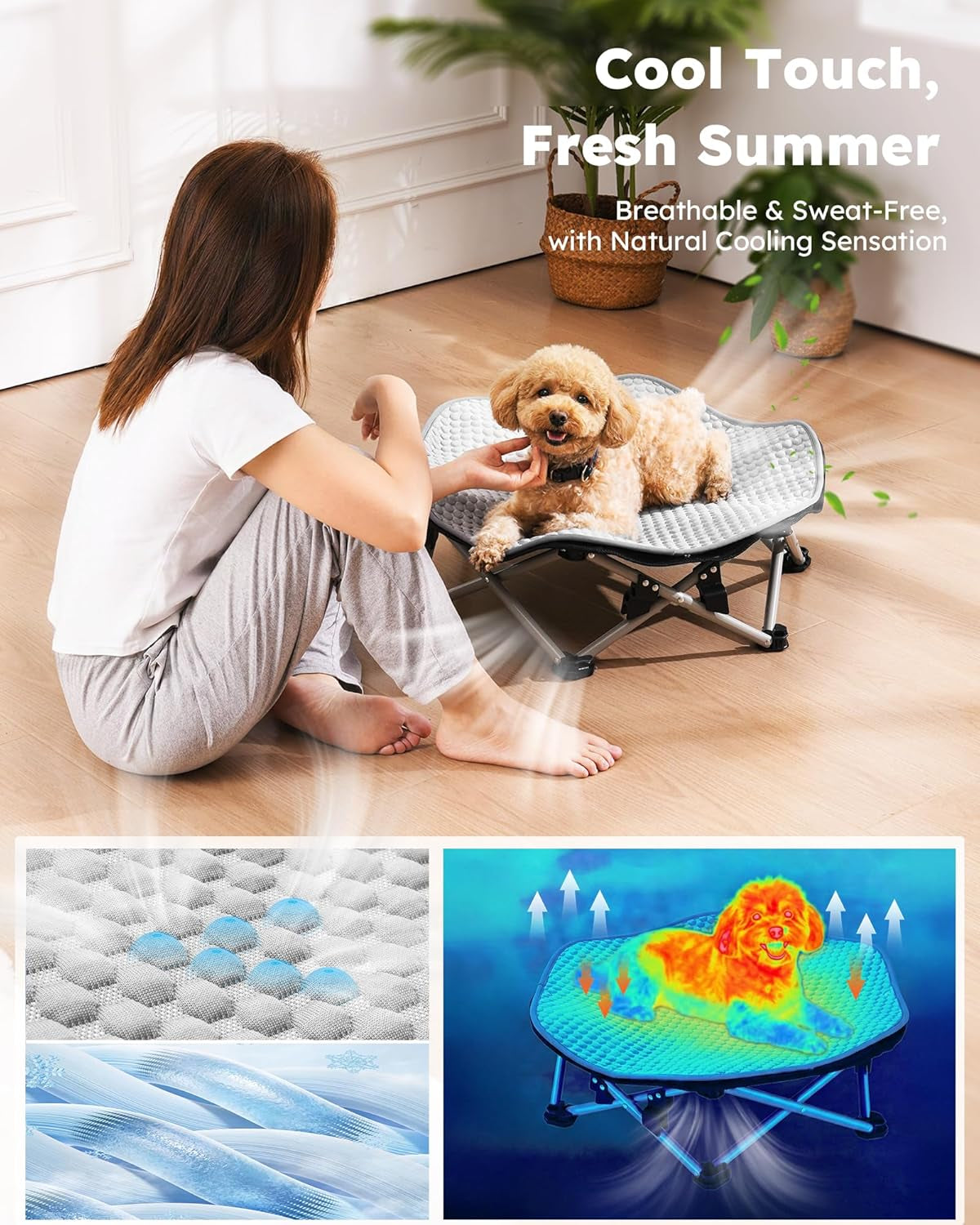 pecute-raised-dog-bed-with-cooling-mat-elevated-pet-cot-for-small-dogs-m-breathable-textilene-mesh-outdoor-camping-beach-steel-frame-130-lbs-heavy-duty-support-tool-free-3-second-quick-assembly