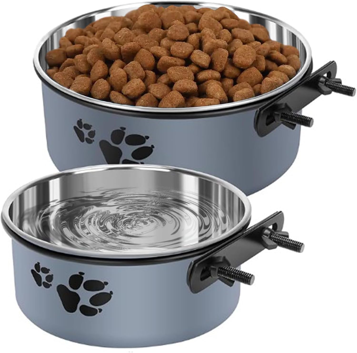 kathson-2-pcs-dog-kennel-crate-feeder-stainless-steel-no-spill-hanging-metal-pet-food-bowl-for-cats-small-medium-dogs-gray
