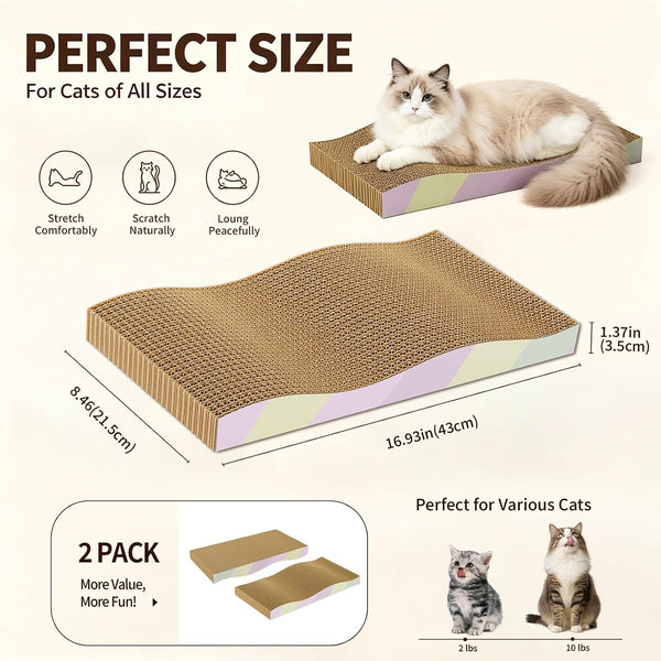 Cat Scratching Board 2-Pack, Reversible Cat Scratcher Pad, Large | Odor-Free,Double-Sided Use,Wave Shape,Sturdy,Extra Large,Custom Corrugated Board,2 Count,Cat Toys2