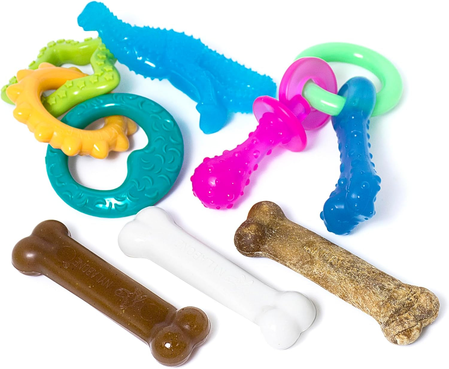 nylabone-puppy-starter-kit-dog-chew-toys-chew-treat-blue-3-count-small-breeds-chicken-bacon-flavor-2-chew-toys-1-natural-treat-teething-toys-for-puppies-puppy-enrichment-up-to-25-lbs