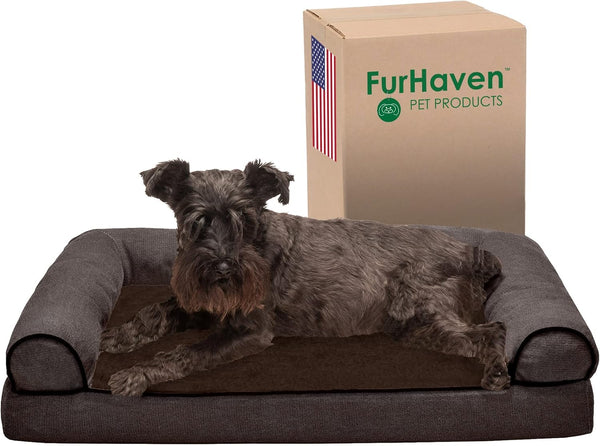 Furhaven Memory Foam Dog Bed for Medium/Small Dogs W/ Removable Bolsters & Washable Cover, for Dogs up to 35 Lbs - Luxe Faux Fur & Performance Linen Sofa - Woodsmoke, Medium14