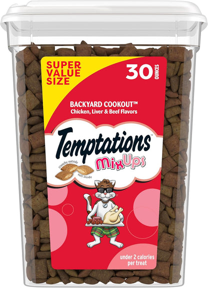 Temptations Mixups Crunchy and Soft Cat Treats, Cookout Flavor, 30 Oz | Chicken, Liver & Beef Flavors, under 2 Calories per Treat, 100% Complete & Balanced for Adult Cats, Resealable Stay-Fresh Tub1