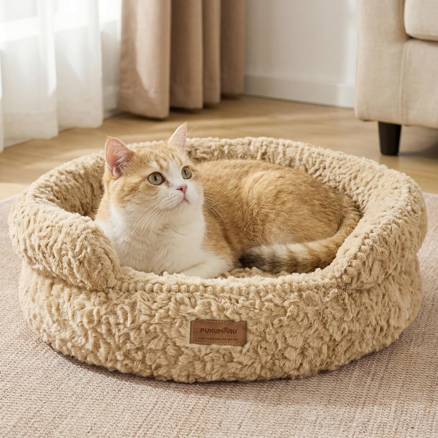 fukumaru-round-cat-bed-plush-washable-calming-dog-bed-with-low-entry-raised-bolster-small-dog-bed-soft-cozy-donut-cat-bed-for-indoor-cats-faux-rabbit-fur-anti-slip-bottom-20-inch-brown