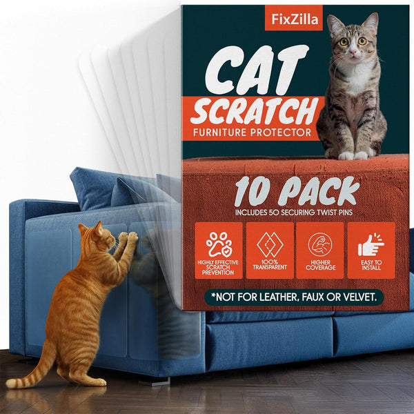 Fixzilla anti Cat Scratch Furniture Protector, 10-Pack Couch Protector from Cat Claws - Heavy-Duty, Easy-To-Apply Scratching Deterrent and Shield for Sofa Corners, Walls, Doors- with 50 Twist Pins1