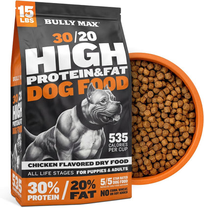Bully Max Dry Dog Food for Adults & Puppies - High Protein & Fat for Muscle & Weight Gain - High Performance Dog Food Supplements - Small & Large Breed Dogs (535 Calories per Cup), Chicken, 15Lb Bag1