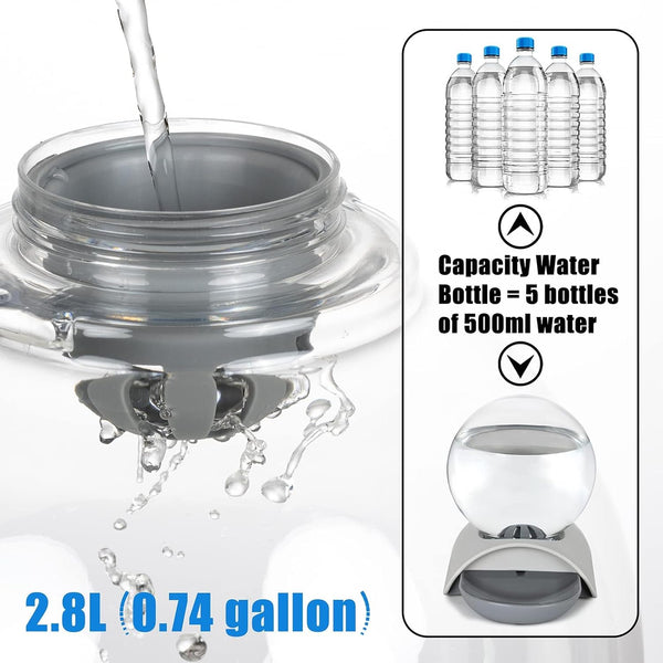 Pet Water Dispenser, 2.8L Automatic Gravity Cat Water Dispenser for Cats, Dogs & Rabbit, Detachable Cat Dog Water Dish Feeder with Spherical Waterer Bubble, Grey4