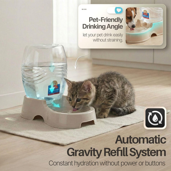 Flexzion Gravity Pet Water Dispenser for Cats & Small Dogs, 1/4 Gal Beige | Automatic Cat and Dog Waterer with 900 Ml Reservoir, Non-Skid Feet, Recessed Carry Handle, and Easy-Clean PP Bowl3
