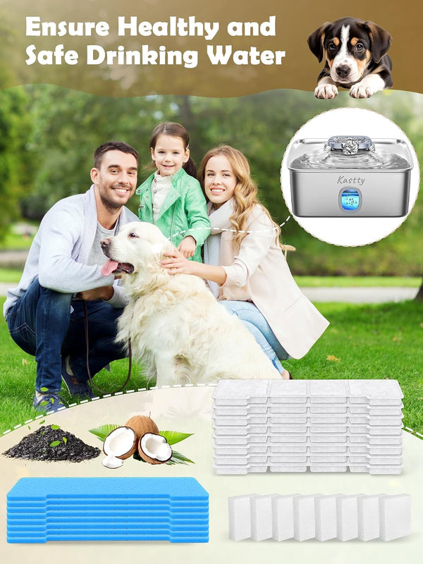 Kastty 15L Dog Water Fountain Filter Replacement for FS76 FS78 FS79 | Filter Made of Activated Carbon and PP Cotton, 8 Pack Pet Fountain Filters 8 Pack Pre-Filter Sponge with 8 Pump Sponge L056