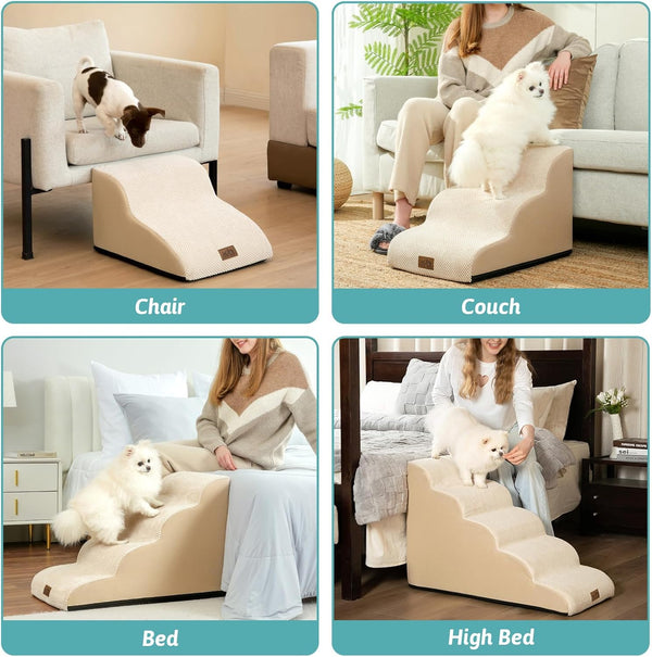COZY KISS Dog Stair for Small Dog 15.7" H, 3 Step Pet Ramp for Couch | Curved Stable Dog Step for Puppy, Older Cat, Senior, Medium, Short-Legged Dog, Non-Slip Ladder, 15.7X22.4X15.7 Inch, Beige6