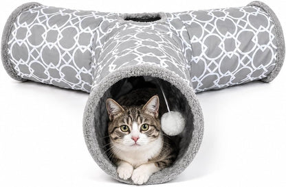 Geometric Straight Cat Tunnel with Plush Inside,Cats Toys Collapsible Tunnel Tube with Balls, for Rabbits, Kittens, Ferrets,Puppy, Diameter 9.8 Inch9