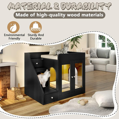 Cat Litter Box Enclosure with Light, Hidden Litter Box Furniture with 2 Storage Drawers & Smart Doors, Cat House Side Table for Living Room Entryway (Black)6