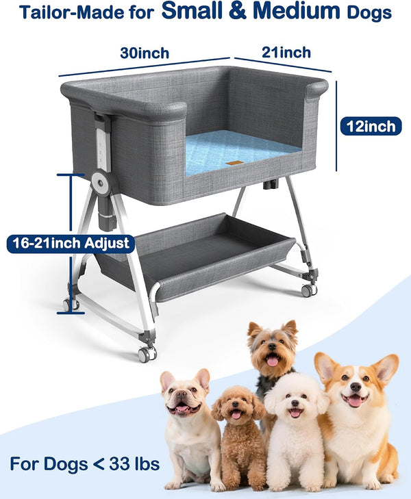 Bedside Dog Bed,6-Height Adjustable Pet Bassinet for Medium & Large Dogs | Pet Couch with Sides,Elevated Bed Extension for Humans,Removable & Washable Cover,Dog Couch with Wheels, 30"X21"4