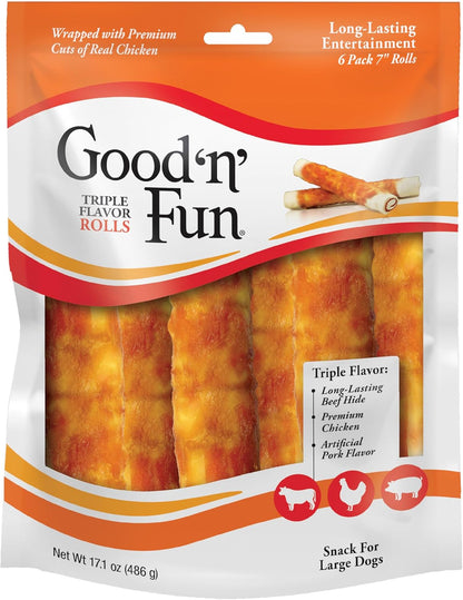 Good 'N' Fun Rolls Long-Lasting Dog Treat, for Large Dogs, with Real Proteins, Beef Hide and Premium Chicken, Supports Dental Health, Mental Stimulation, 6 Count1