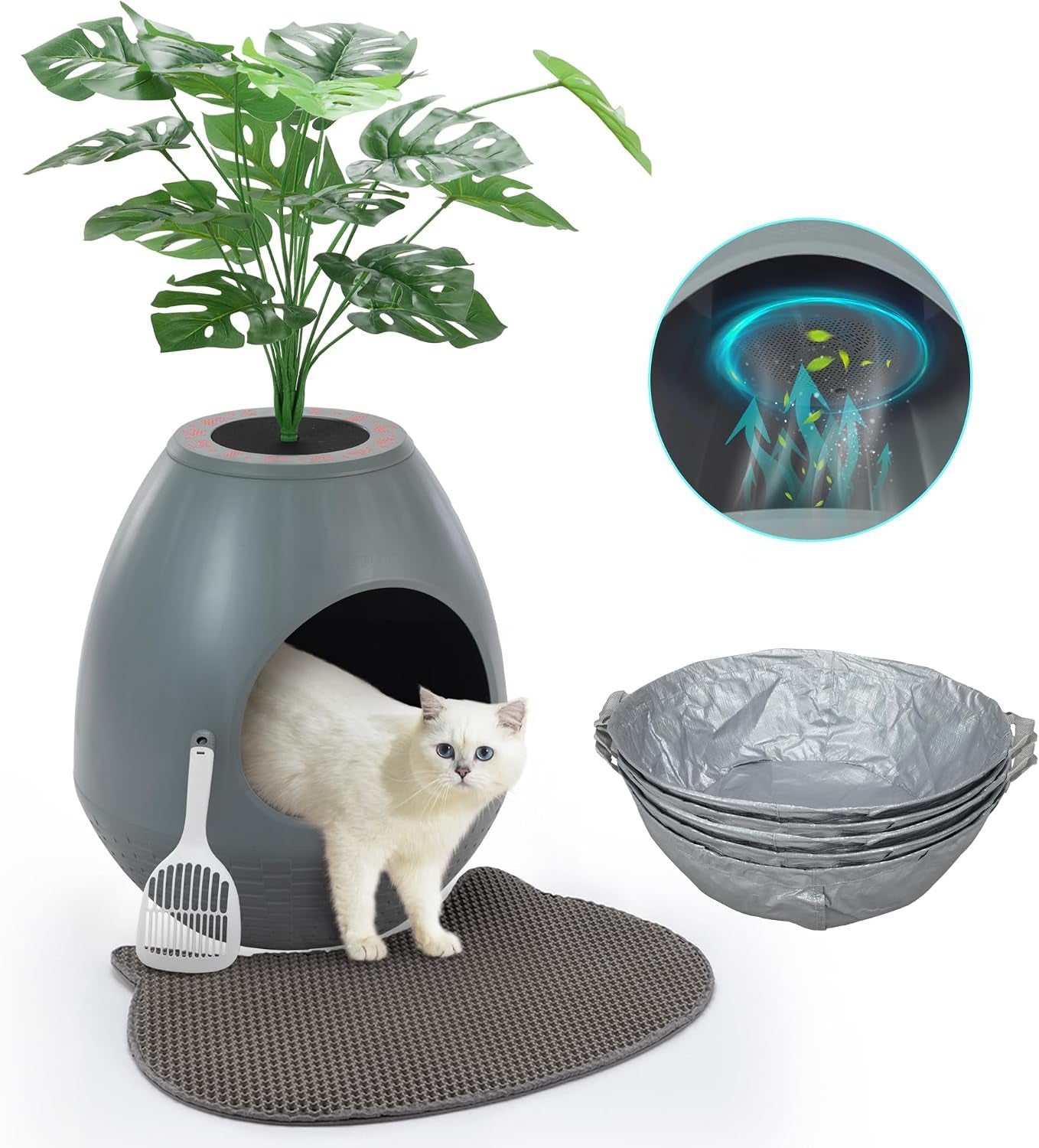 eggloa6-hidden-cat-litter-box-with-artificial-plants-odor-removal-system-egg-shaped-enclosure-includes-scoop-3pcs-liners-secret-discreet-furniture-diy-assembly-cat-litter-box-cabinet-brown
