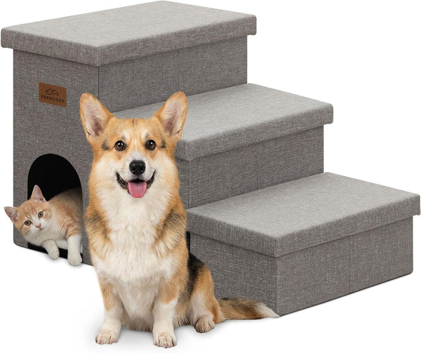 Zerbuger Wider Dog Ramp for High Bed with Storage 18" H, Foldable Dog Stairs for Small Medium Large Older Senior Animal, Sturdy Dog Step for Climbing Bed or Couch, Arthritis-Friendly (Gray, No Condo)16