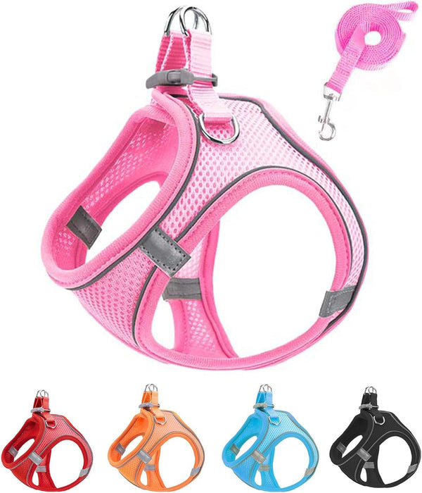 XXXS Pink Soft Mesh Dog Harness and Leash Set,No Escape Puppy Harnesses for Training Walking， Reflective Adjustable Puppy Vest for Small Medium Dogs, Cats (Pink, XXXS)1