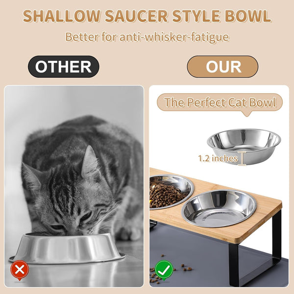 Upgraded Elevated Cat Bowls with Food Mat,15°Tilted Stand anti Vomiting Raised Cat Dishes for Food and Water,2 Stainless Steel Bowls for Cats and Puppy2