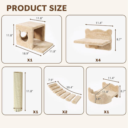 9-In-1 Cat Wall Shelves, Cat Wall Furniture Set with Bridge, Beige | Wall Mounted Cats Shelf for Space-Saving, Multi-Level Cat Climbing Systems for 16 Inch Drywall, with Scratching Posts, Condos2