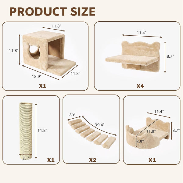 9-In-1 Cat Wall Shelves, Cat Wall Furniture Set with Bridge, Beige | Wall Mounted Cats Shelf for Space-Saving, Multi-Level Cat Climbing Systems for 16 Inch Drywall, with Scratching Posts, Condos2
