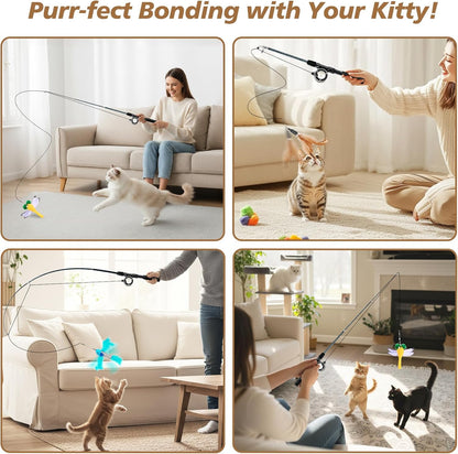 Pawaboo Cat Feather Toys, 4 Pack Interactive Cat Feather Teaser Wand Toys, Retractable Fishing Pole Wand Catcher Exerciser with Refill Fish, Dragonfly Worm with Bells, Fun Cat Kitten Kitty Playing Toy7