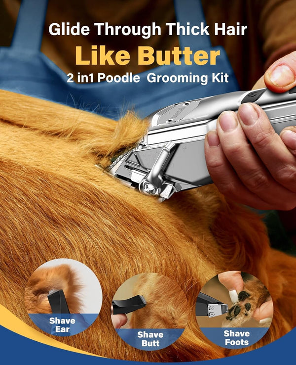 Oneisall Dog Grooming Kit for Thick/Matted Hair with Stainless Steel Blade | Powerful Motor, Dog Clippers+Paw Trimmers, IPX7 Waterproof, Low Noise, Cordless & Long Battery Life3