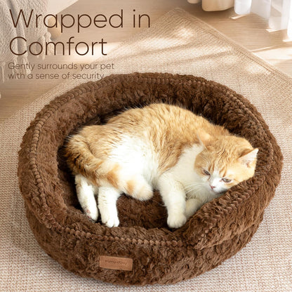 FUKUMARU round Cat Bed, Plush Washable Calming Dog Bed with Low Entry | Raised Bolster Small Dog Bed, Soft Cozy Donut Cat Bed for Indoor Cats, Faux Rabbit Fur & Anti-Slip Bottom, 20 Inch, Brown2