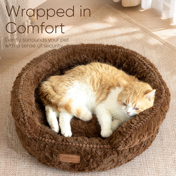 FUKUMARU round Cat Bed, Plush Washable Calming Dog Bed with Low Entry | Raised Bolster Small Dog Bed, Soft Cozy Donut Cat Bed for Indoor Cats, Faux Rabbit Fur & Anti-Slip Bottom, 20 Inch, Brown2