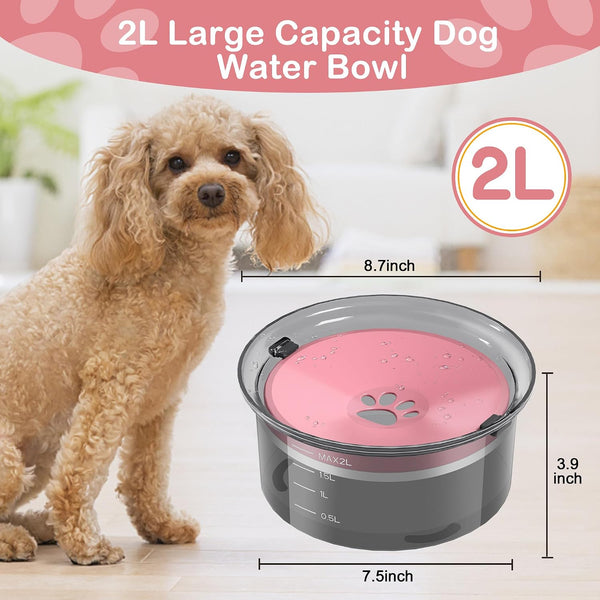 2L Dog Water Bowl Large Capacity Slow Water Feeder, No Spill Dog Bowl Splash Proof Pet Water Dispenser,Vehicle Carried Travel Water Floating Bowl for Dogs/Cats/Pets (Pink)2