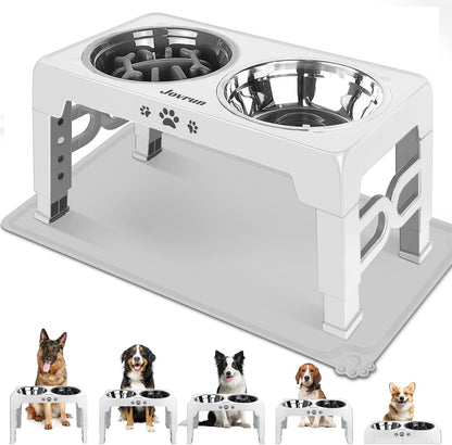 Jovrun Elevated Dog Bowls for Medium Large Size Dogs, Non-Slip Dog Feeder with 1*Stainless Steel Dishes & 1*Slow Feeder Bowl, 5 Heights Adjustable Raised Bowls to 3.15″-8.66″-9.84″-11.02″-12.2″12