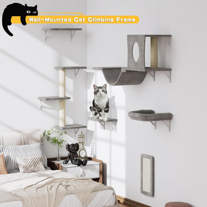 NUNU LAB Wall Mounted Cat Furniture Set - 6 Pcs Climber Set with House, Bridge, Steps, Scratcher Board - DIY Walls Playground, Indoor Cat Shelves - Gray3