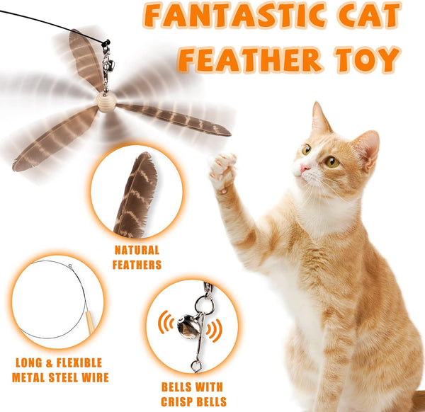 JXFUKAL Cat Wand Toys, Interactive Cat Toys with 3 Feather Refills, 29'' Flexible Steel Wire, Sturdy Wood Handle & Bell for Kitty Kitten, Cat Toys for Indoor Cats Teaser Cat String Toy3