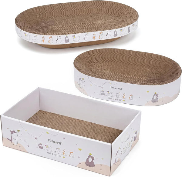 Patiencet 3-In-1 Cat Scratcher Cardboard Set for Indoor Cats, Cat Lounge Box with Wide & Slim Oval Cat Beds, Corrugated Cat Scratching Board for Furniture Protection, Rest & Play1