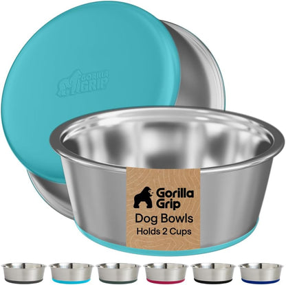 GORILLA GRIP Dog Bowls, Food Grade 304 Stainless Steel, Holds 2 US Cups Each (16 Fl Oz) Food and Water Bowl for Feeding Dogs and Cats, Dishwasher Safe, Rust Resistant BPA Free Rubber Base, 2 Set Black26