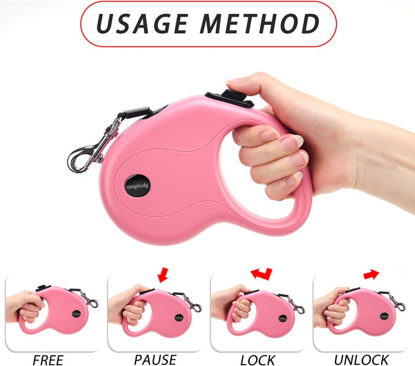 Enrgticdg 16Ft Retractable Dog Leash,Light Weight Leash for Small to Medium Dogs/Cats up to 50Lbs,Stainless Steel Spring Strong Nylon Tape, Tangle Free, One-Handed Brake.(Pink-Black)5