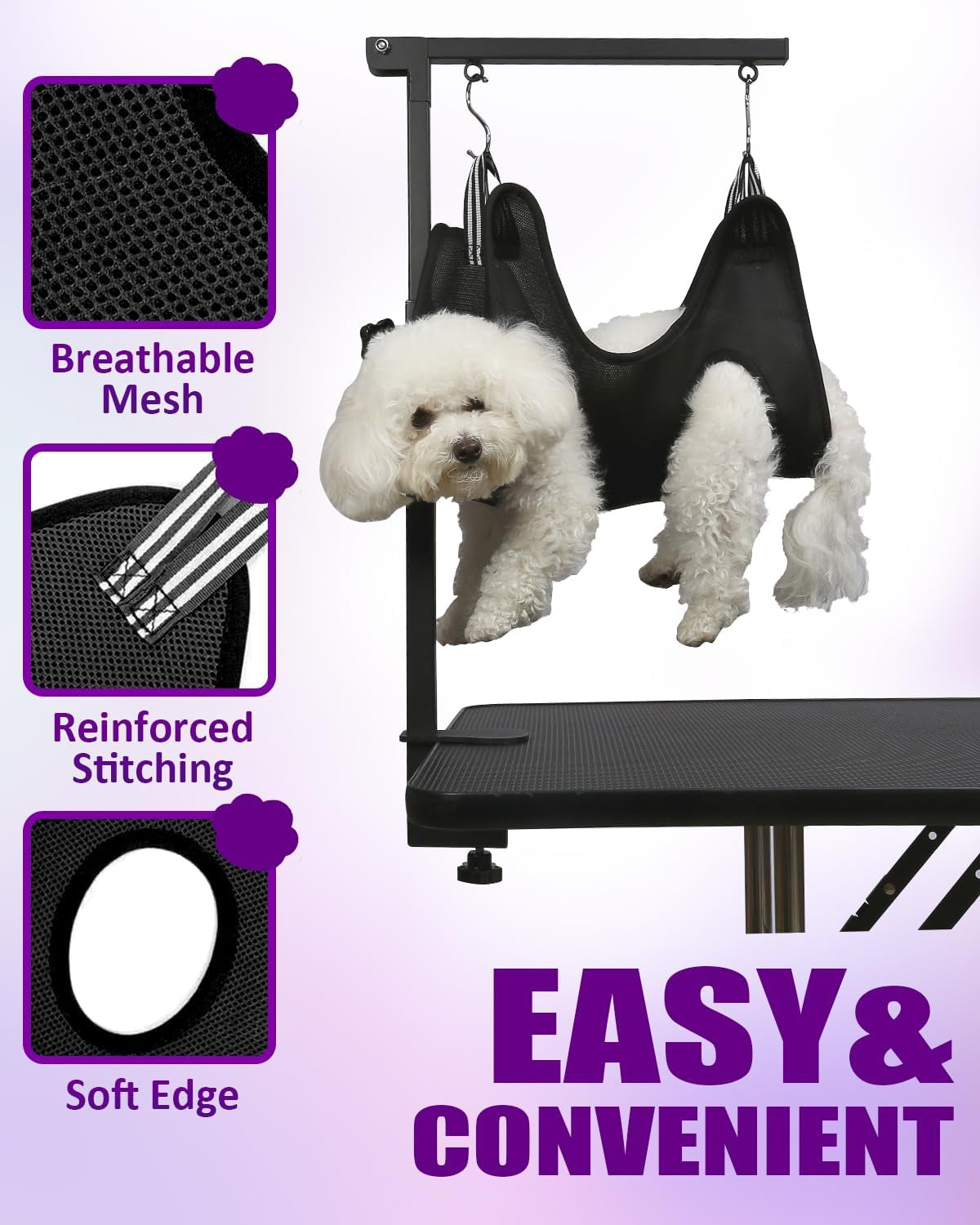 adjustable-dog-grooming-arm-with-clamp-dog-grooming-hammock-and-loop-noose-metal-dog-grooming-table-arm-adjustable-height-17-35-no-sit-haunch-holder-grooming-restraint-for-small-medium-dogs