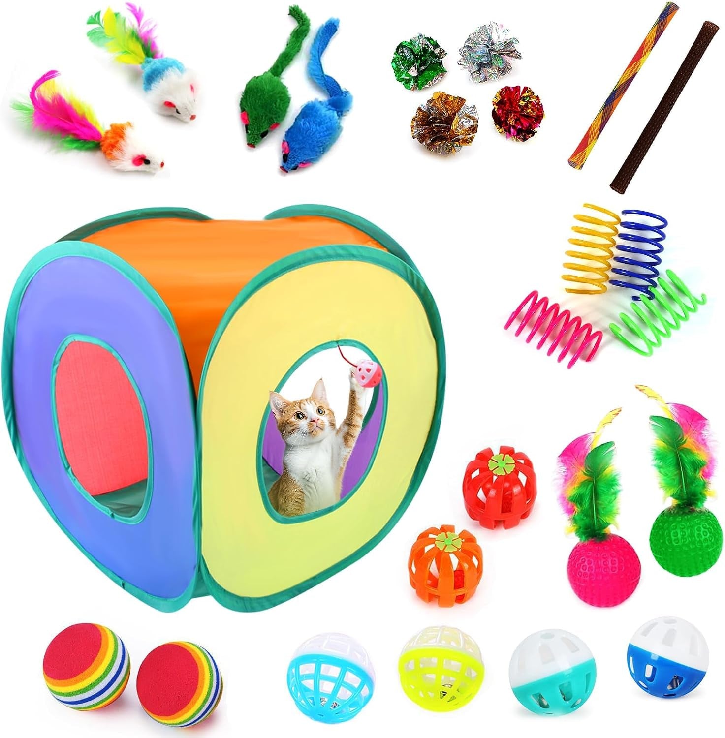 icagy-25-pcs-cat-toys-for-cats-indoor-kittens-interactive-variety-pack-45-inches-rainbow-cat-tunnel-feather-teaser-feather-golf-mice-springs-balls-noise-toys-rainbow-colorful-45