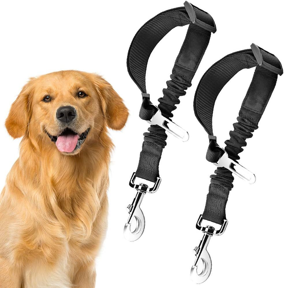 sungrow-elastic-nylon-dog-seat-belt-24-36-adjustable-black-harness-elastic-tether-with-metal-buckles-2-pcs-per-pack