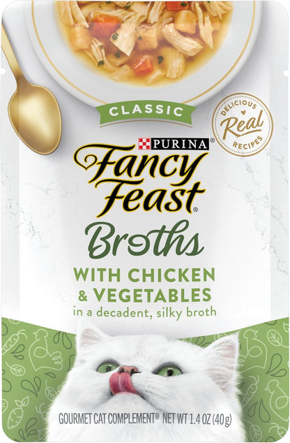 Purina Fancy Feast Broths Classic with Chicken and Vegetables Lickable Wet Cat Food Broth Topper, Pack of 16, 1.4 Oz Pouches1