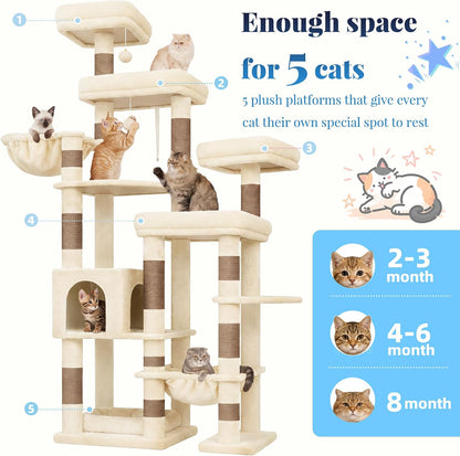 Hey-Brother Cat Tree Tower, Wide Base, 5 Platforms for Multi-Cats, MPJ074MJ | 72.8 Inches Tall Furniture, 5 Plush Beds, Large Condo, Big Hammocks, Sisal Scratching Posts, for Indoor Adult Cat Beige Brown4
