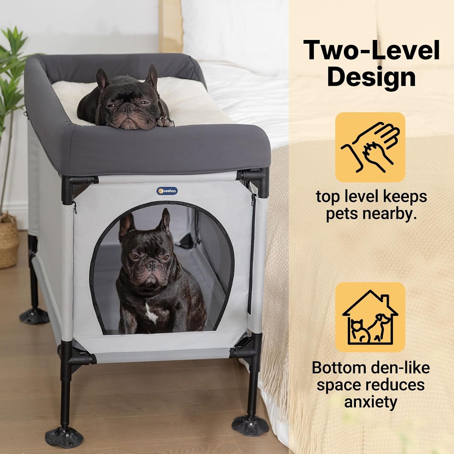 veehoo-dog-bunk-bed-dog-beds-attachment-to-human-bed-bedside-dogs-cot-pet-window-perch-for-small-medium-cats-dogs-dog-house-bed-with-non-slip-feet-plush-cushion-topper-grey