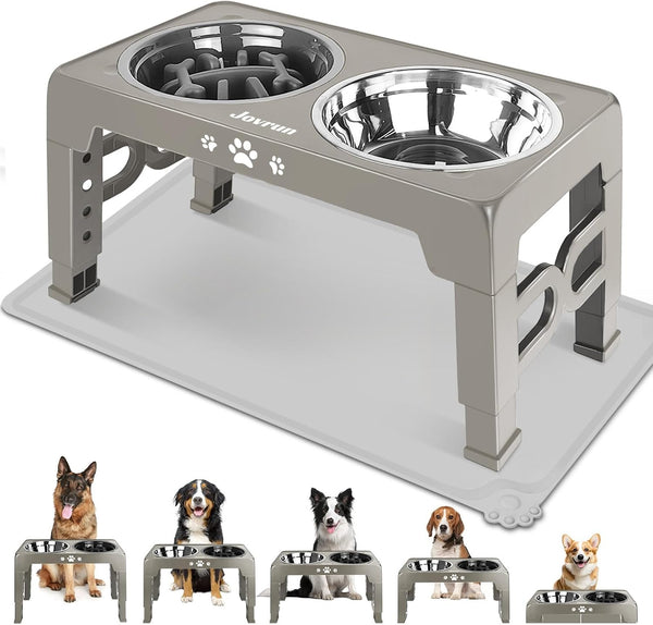 Jovrun Elevated Dog Bowls for Medium Large Size Dogs, Non-Slip Dog Feeder with 1*Stainless Steel Dishes & 1*Slow Feeder Bowl, 5 Heights Adjustable Raised Bowls to 3.15″-8.66″-9.84″-11.02″-12.2″15